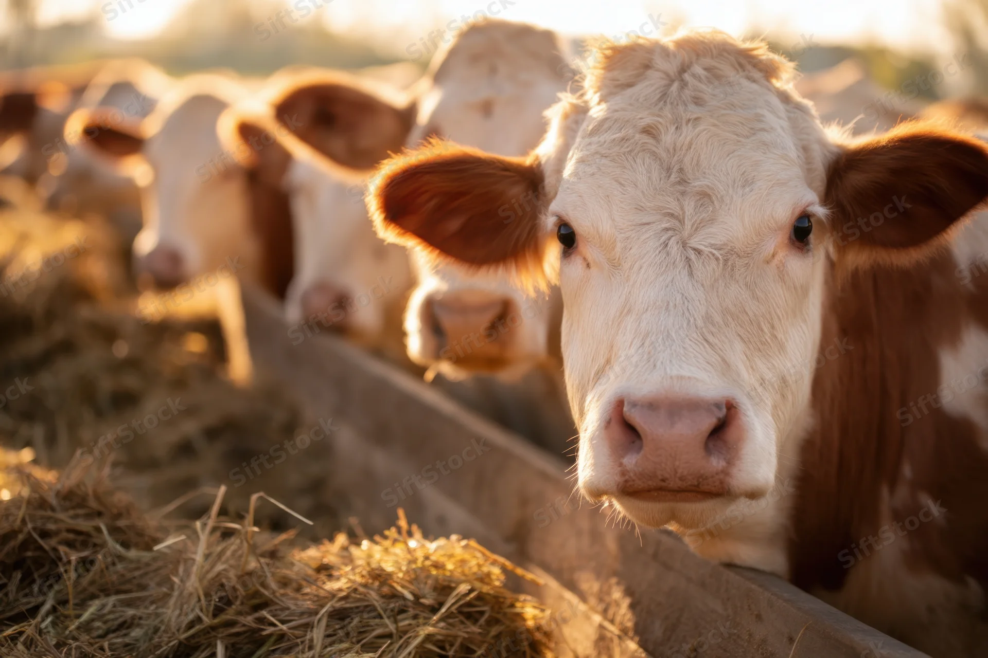 Cow peering over feeding trough with herd in barn at golden hour