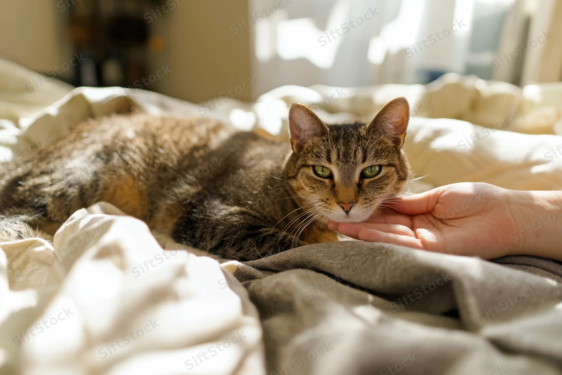 Tabby cat resting on a sunlit bed while being gently touched by a human hand
