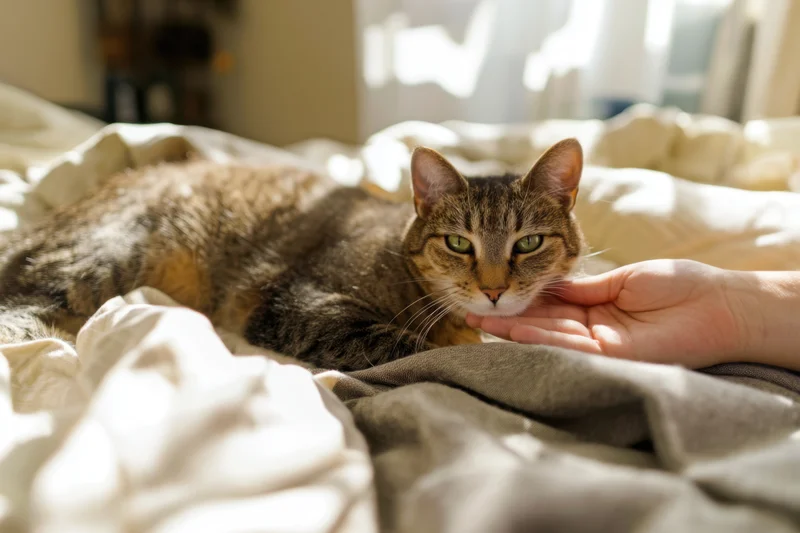 Tabby cat resting on a sunlit bed while being gently touched by a human hand