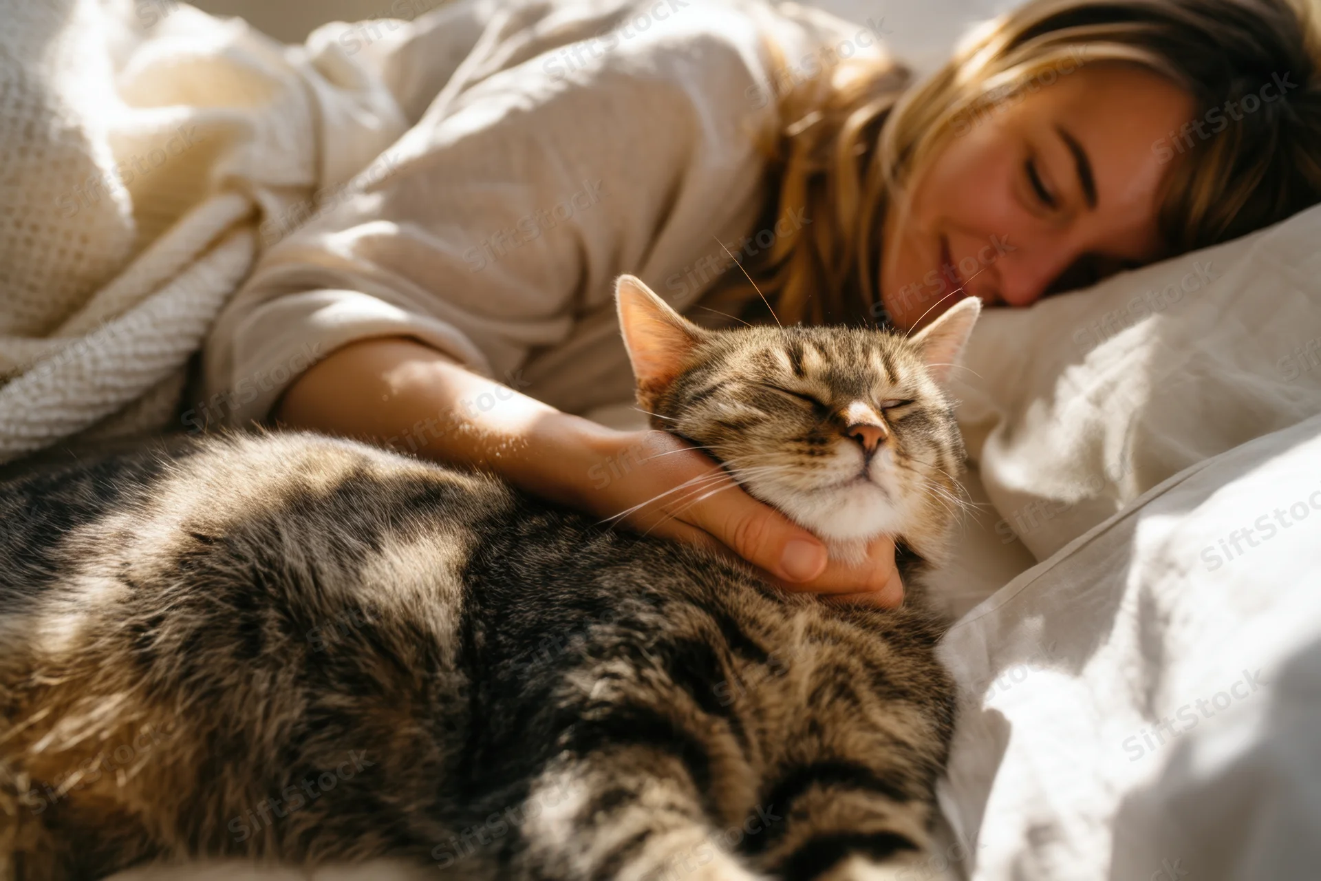 Woman petting a sleeping tabby cat on a sunlit bed