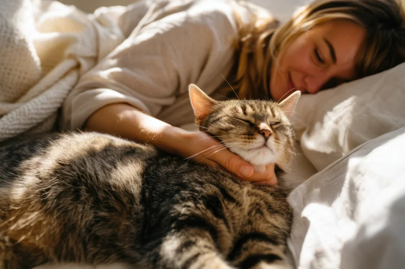 Woman petting a sleeping tabby cat on a sunlit bed