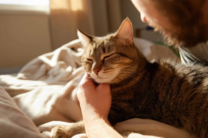 Man petting a sleeping tabby cat on a sunlit bed with blanket