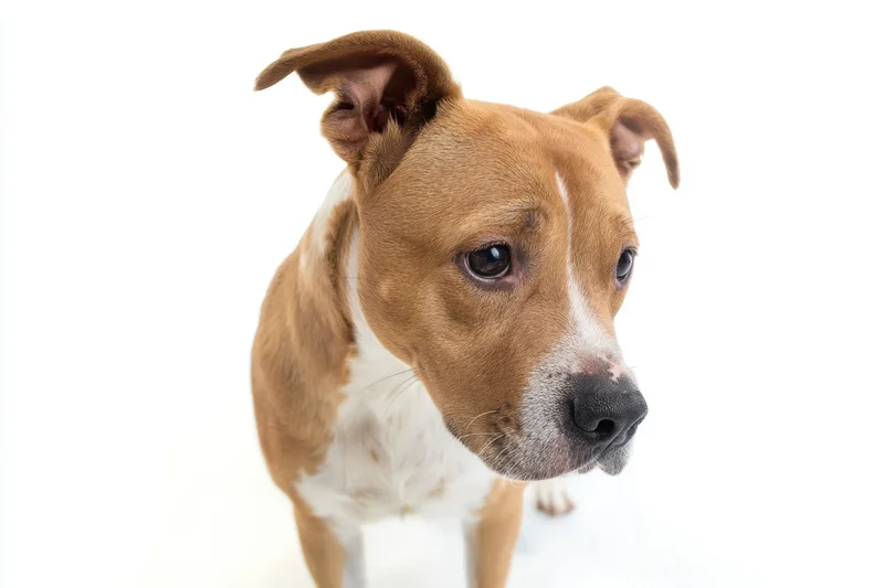 Tan and white dog with one upright ear and one floppy ear looking curiously in studio portrait