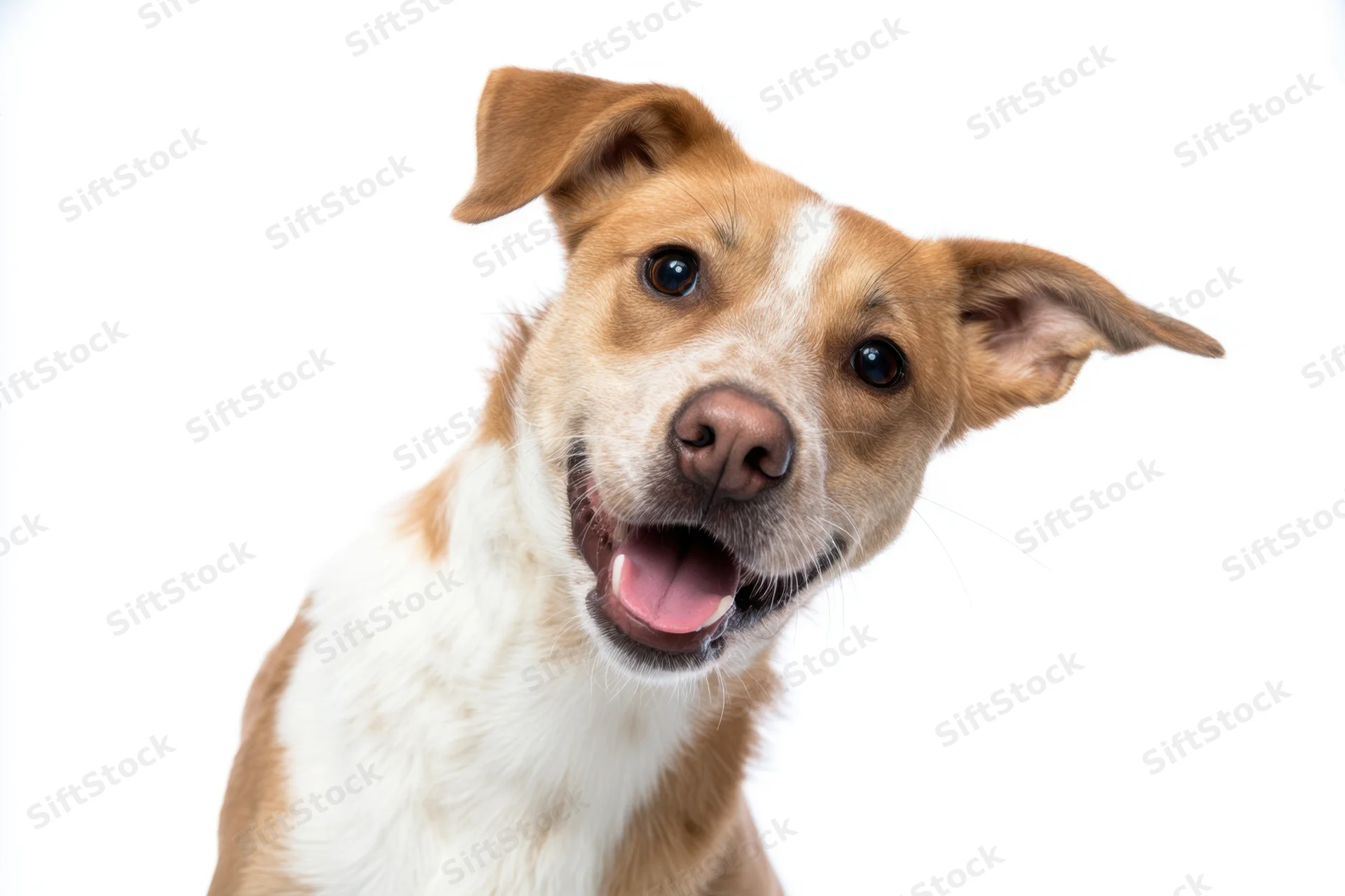 Tan and white dog with head tilted and mouth open against white background
