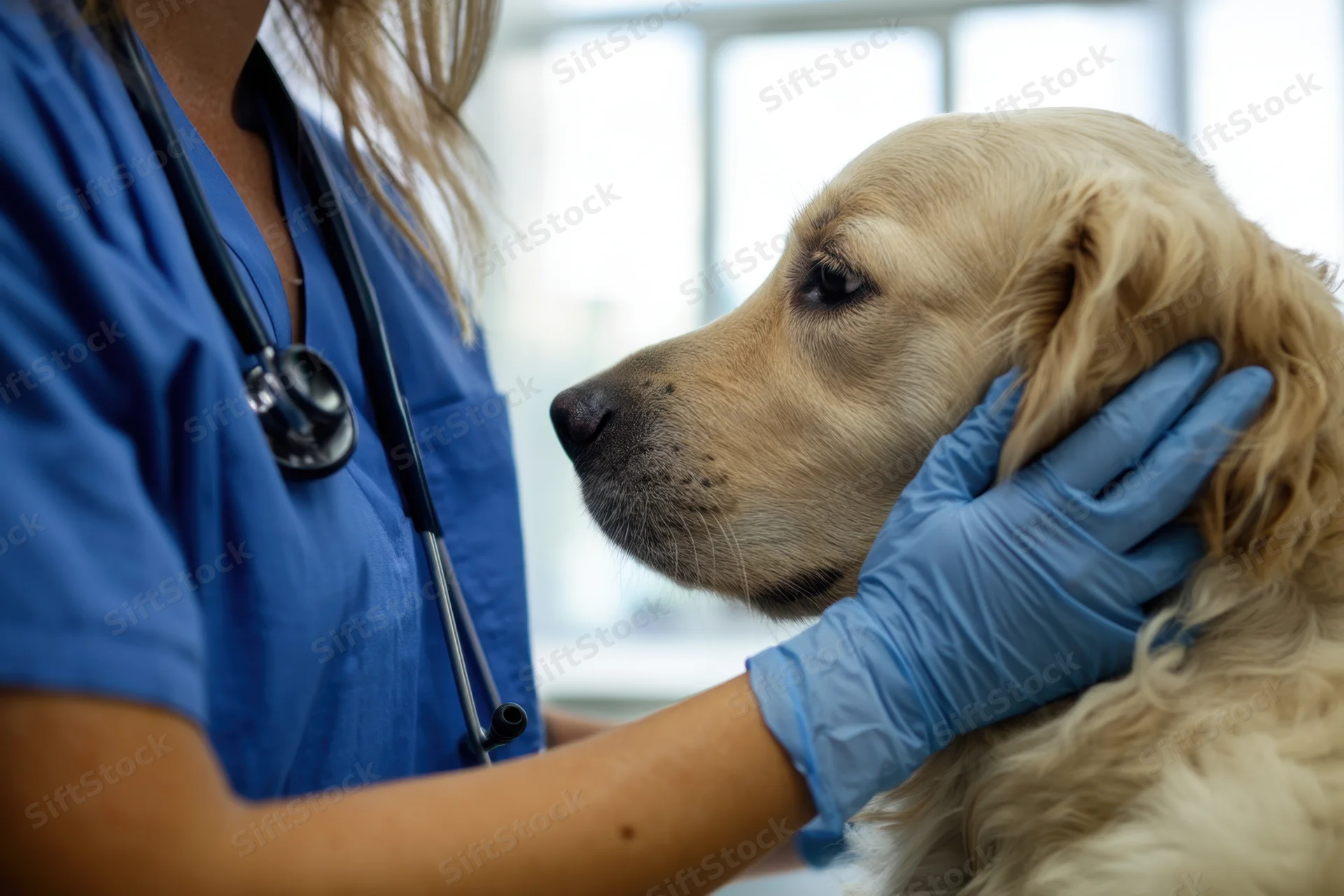 Veterinarian examining golden retriever dog in clinic with stethoscope and gloves