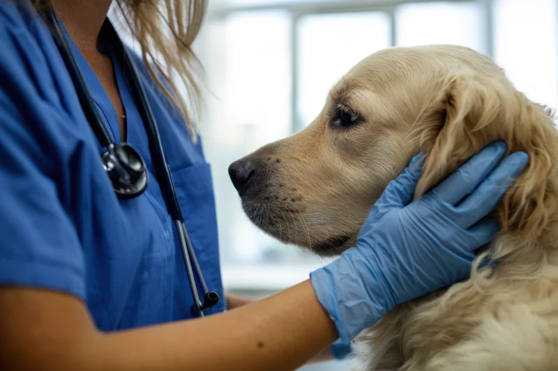 Veterinarian examining golden retriever dog in clinic with stethoscope and gloves