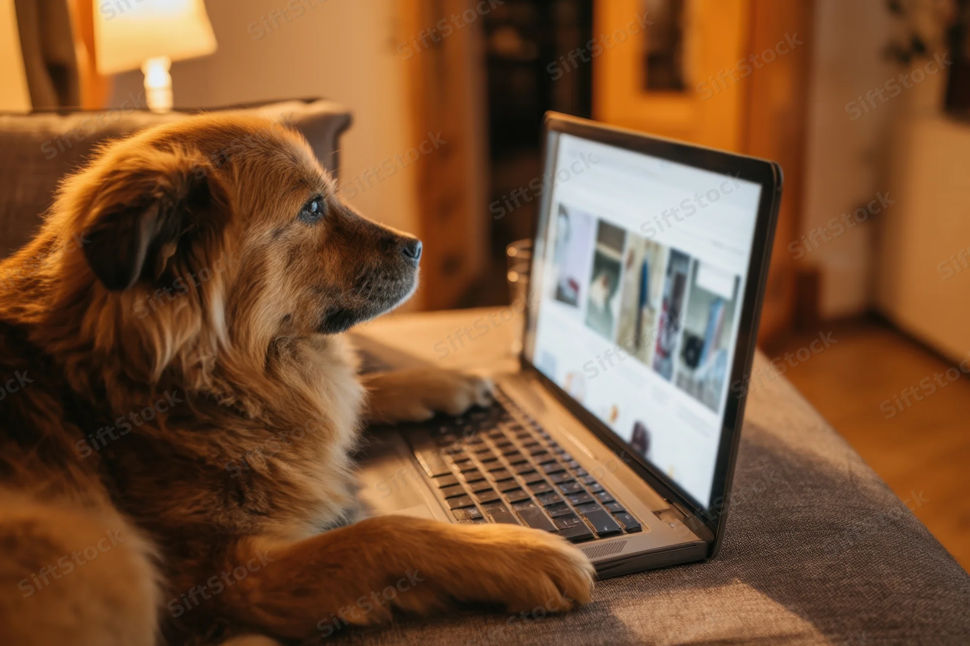 Fluffy brown dog resting on couch with paws on laptop screen displaying website content