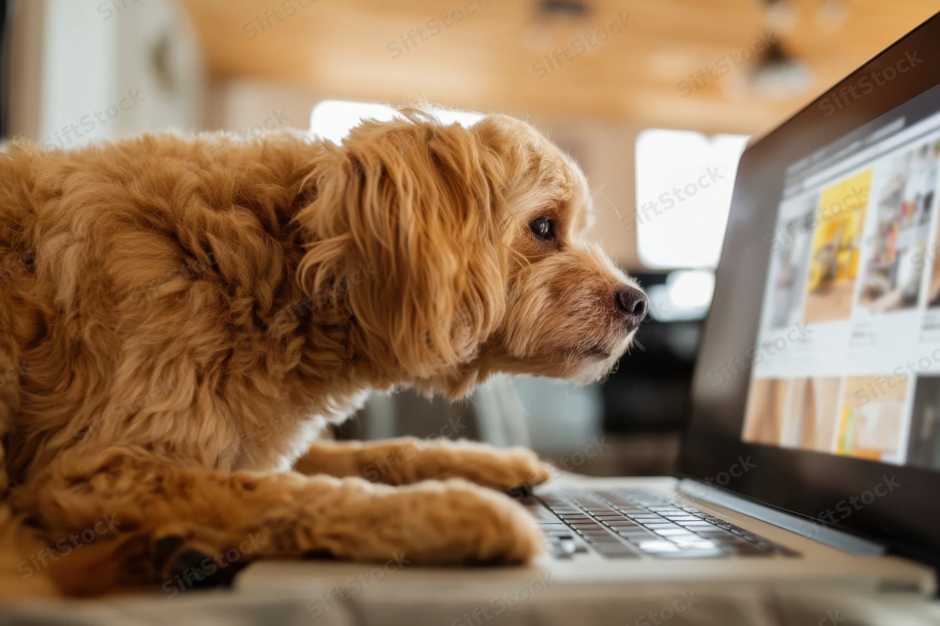 Fluffy brown dog focused on laptop screen while resting on couch indoors