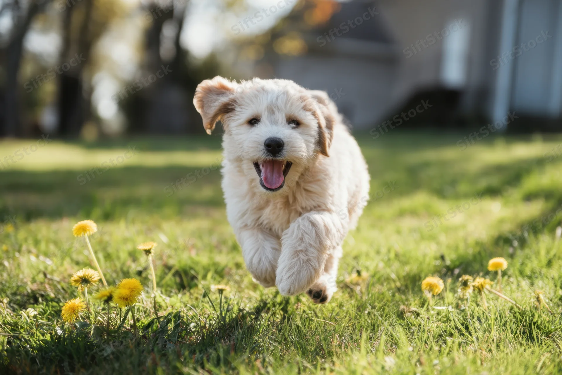 Fluffy cream-colored puppy running toward camera on grassy yard with dandelions