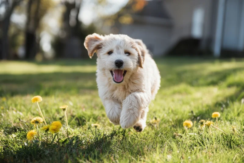 Fluffy cream-colored puppy running toward camera on grassy yard with dandelions
