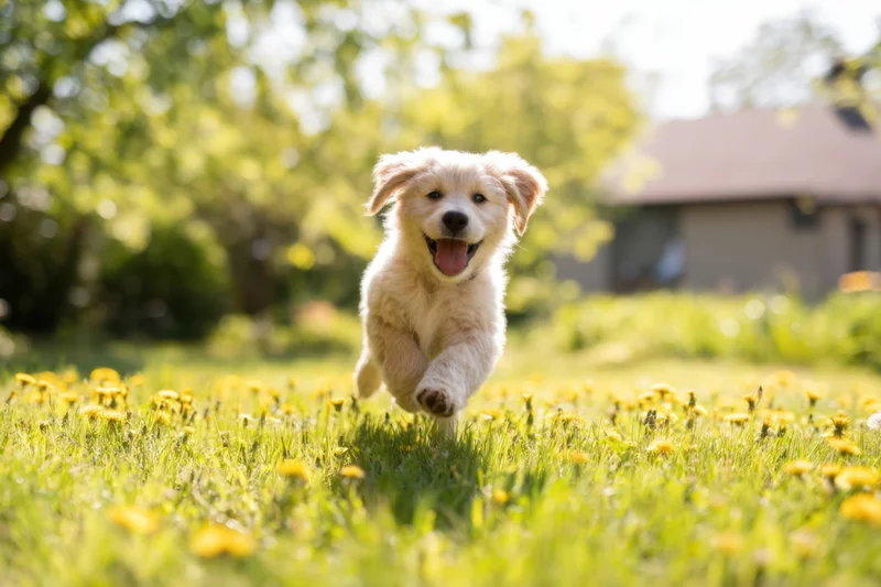 Fluffy cream puppy running toward camera in grassy yard with yellow flowers
