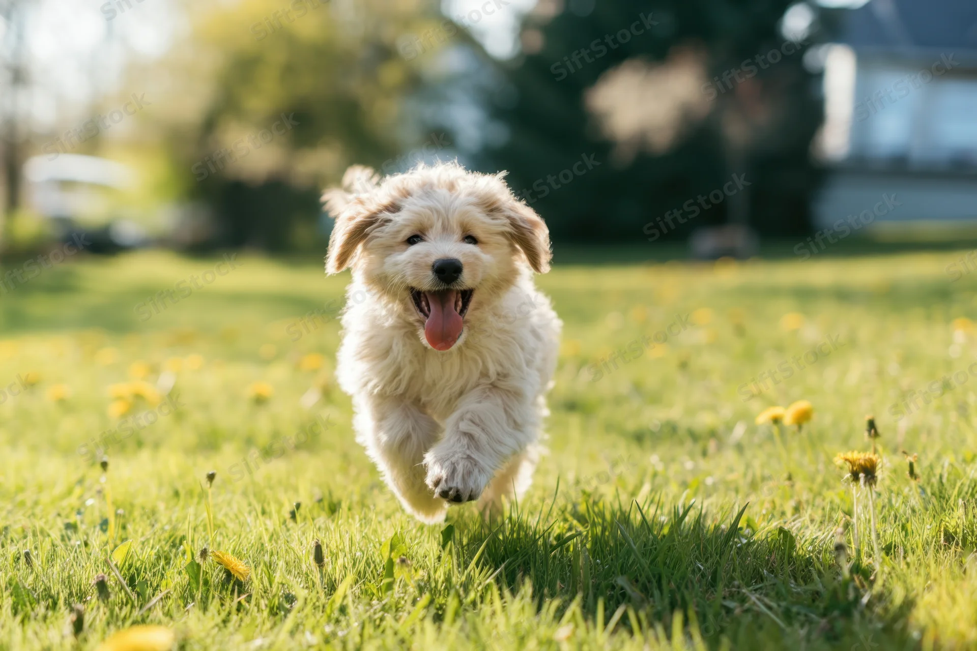 Fluffy cream puppy running toward camera on grassy field with dandelions