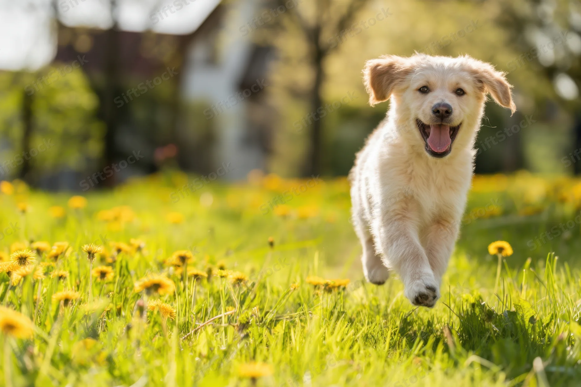 Fluffy cream puppy running toward camera on grassy field with dandelions