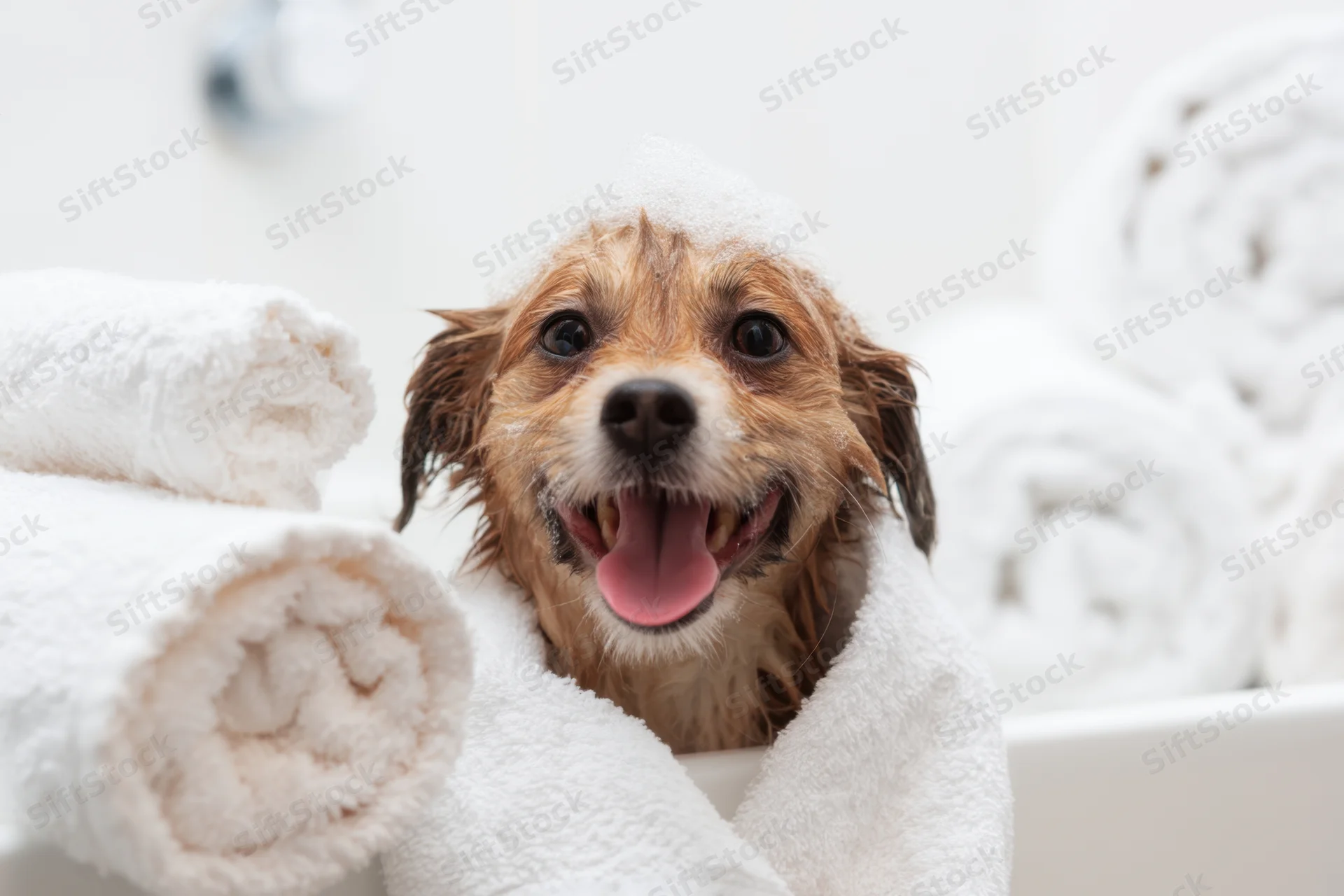 Small fluffy dog with soapy head wrapped in white towel in bathtub