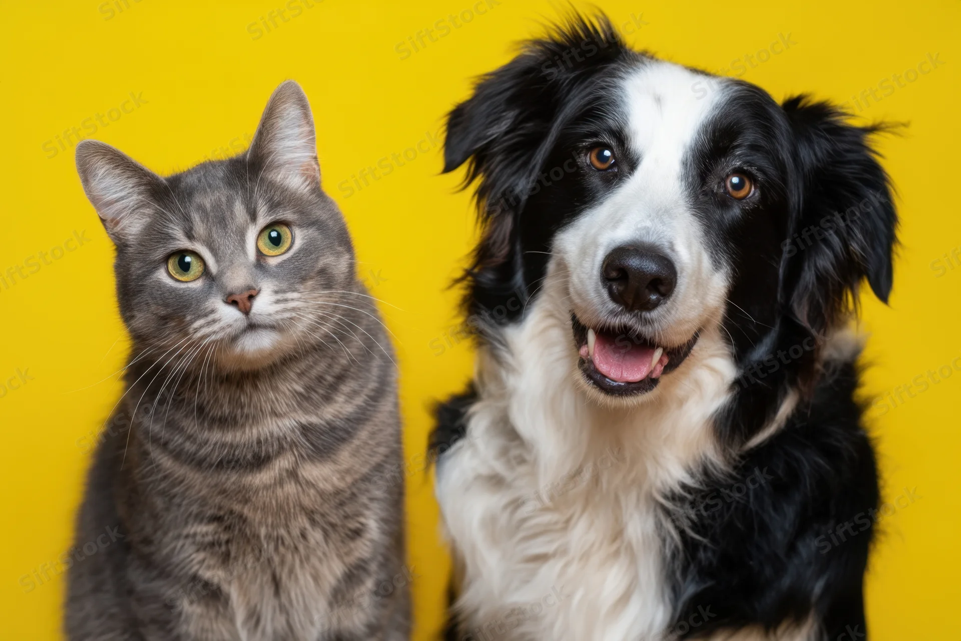 Gray tabby cat and black-and-white border collie sitting side by side against yellow background