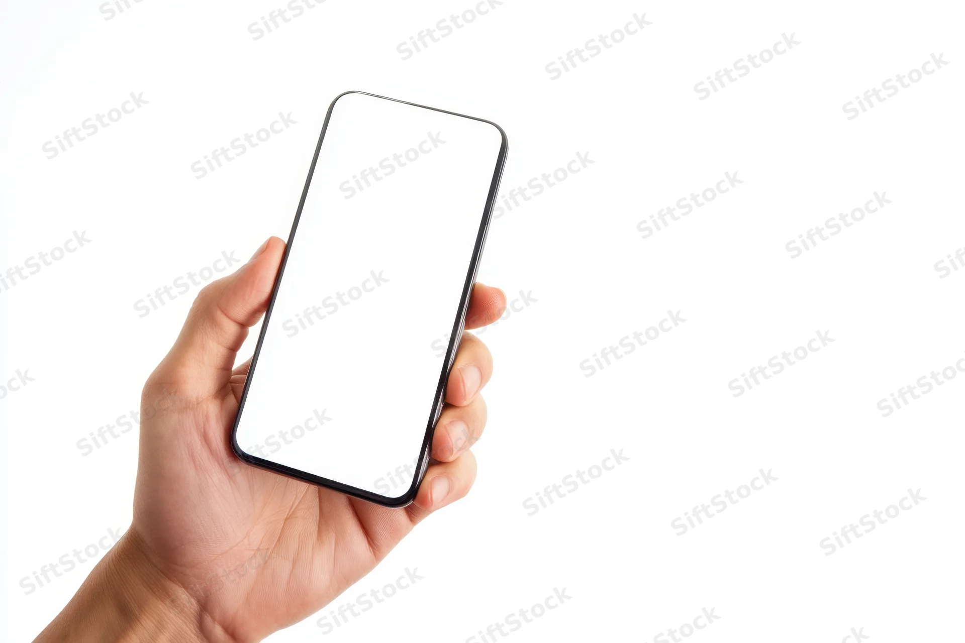 Hand holding smartphone with blank white screen against white background