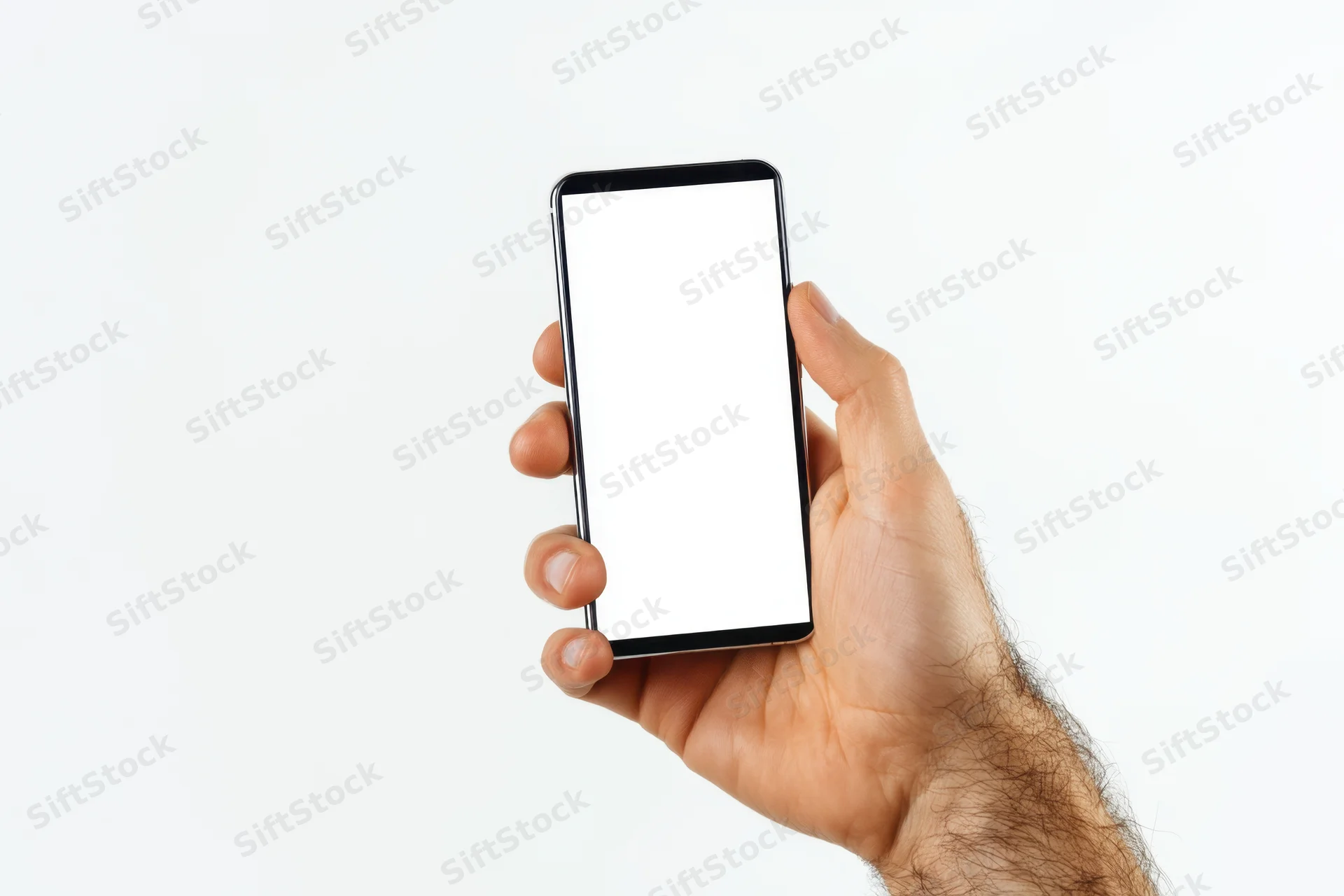Hand holding smartphone with blank white screen against white background