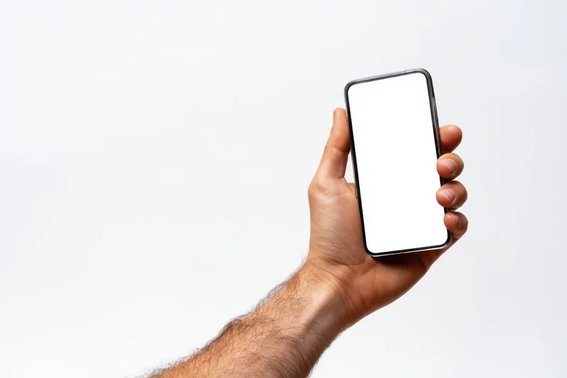 Hand holding smartphone with blank white screen against white background