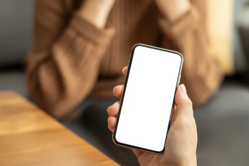 Hand holding smartphone with blank white screen in front of a woman sitting on sofa