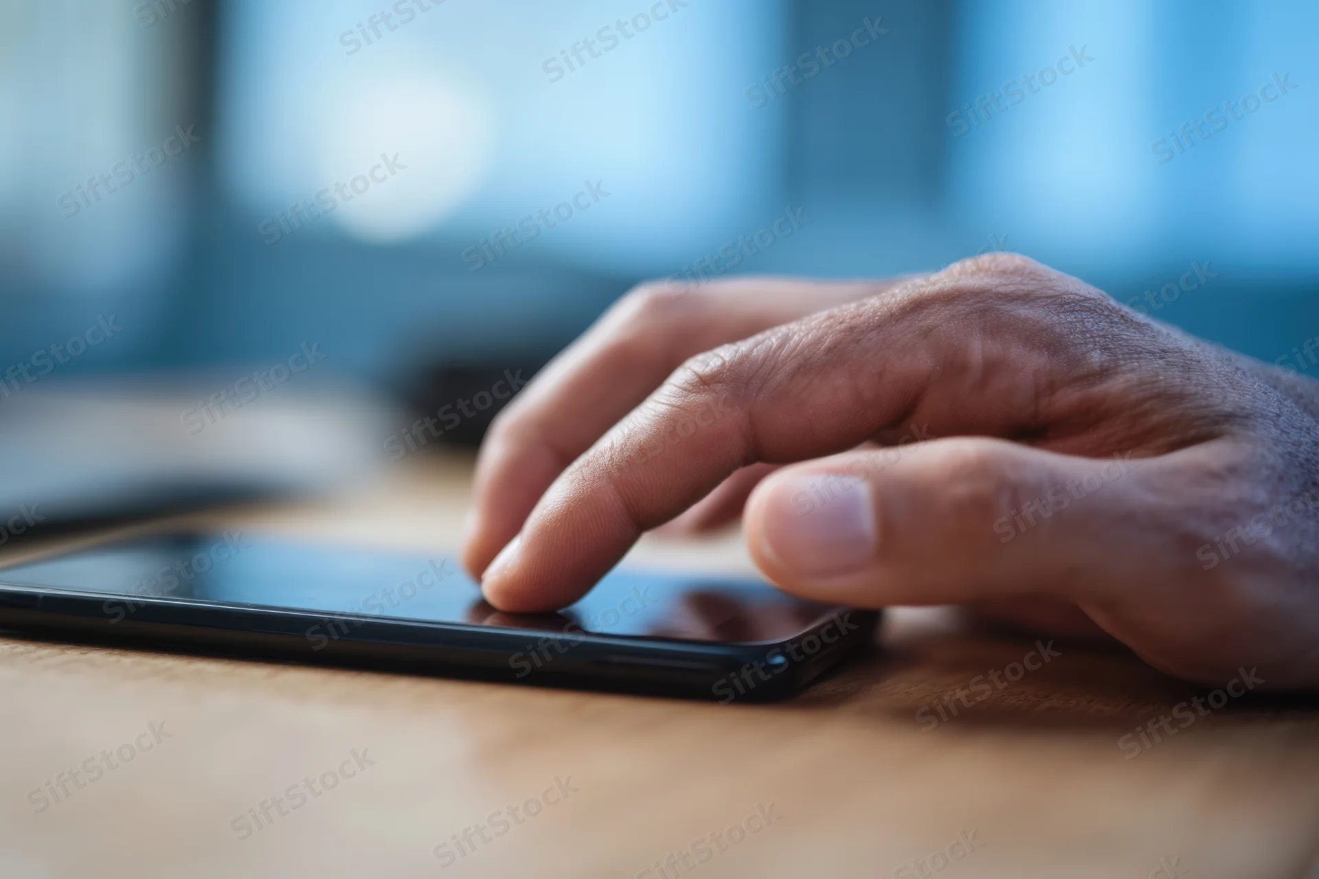 Hand tapping smartphone screen on wooden desk indoors