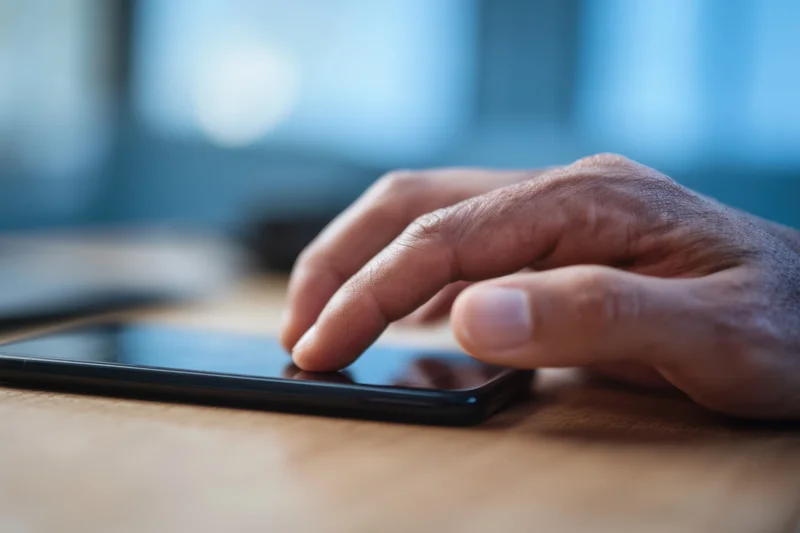 Hand tapping smartphone screen on wooden desk indoors