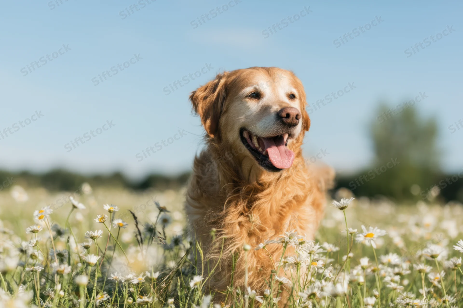 Golden retriever standing in a sunlit meadow filled with white daisies, tongue out, looking joyful
