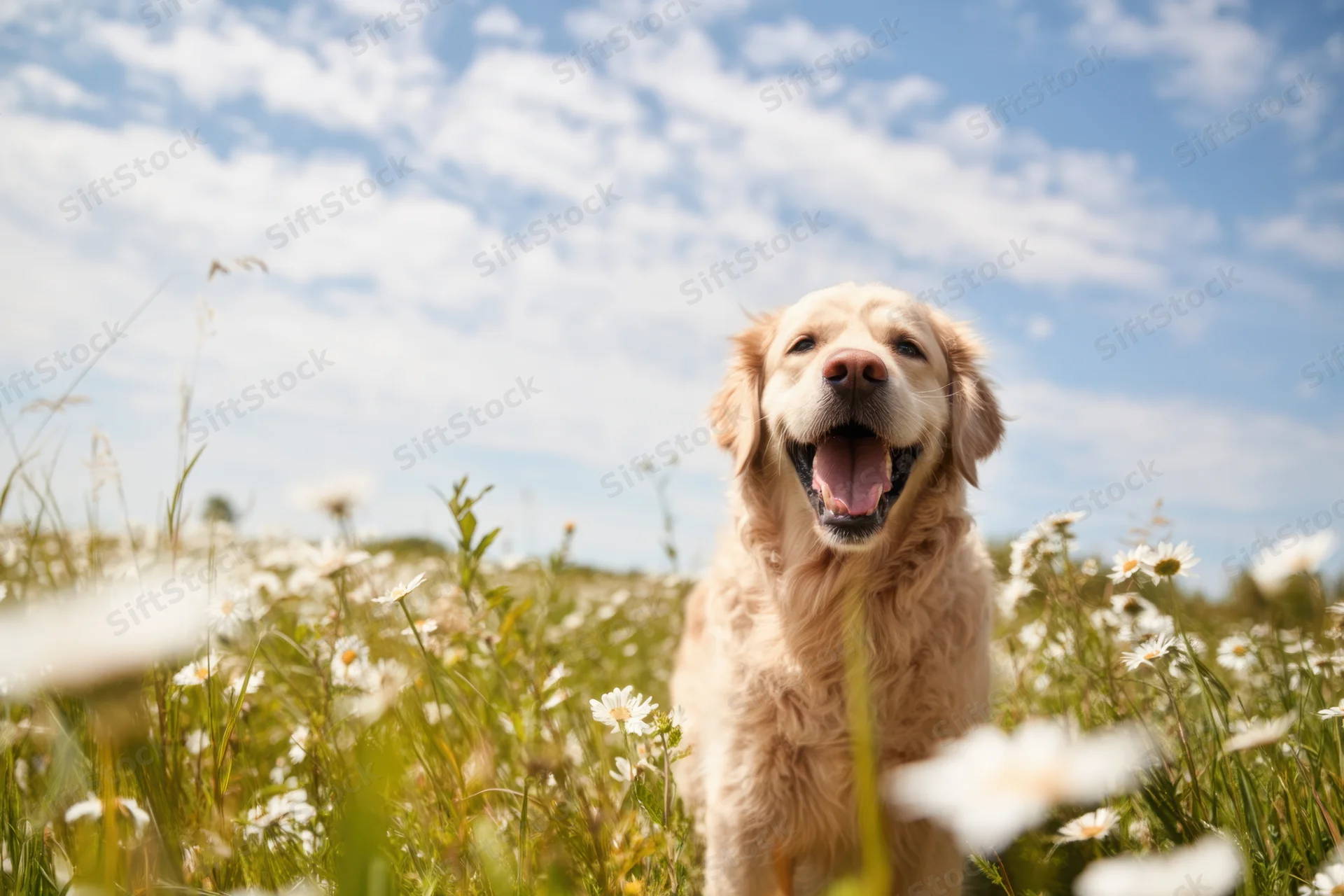 Golden retriever panting happily in a sunlit meadow filled with white daisies and green grass