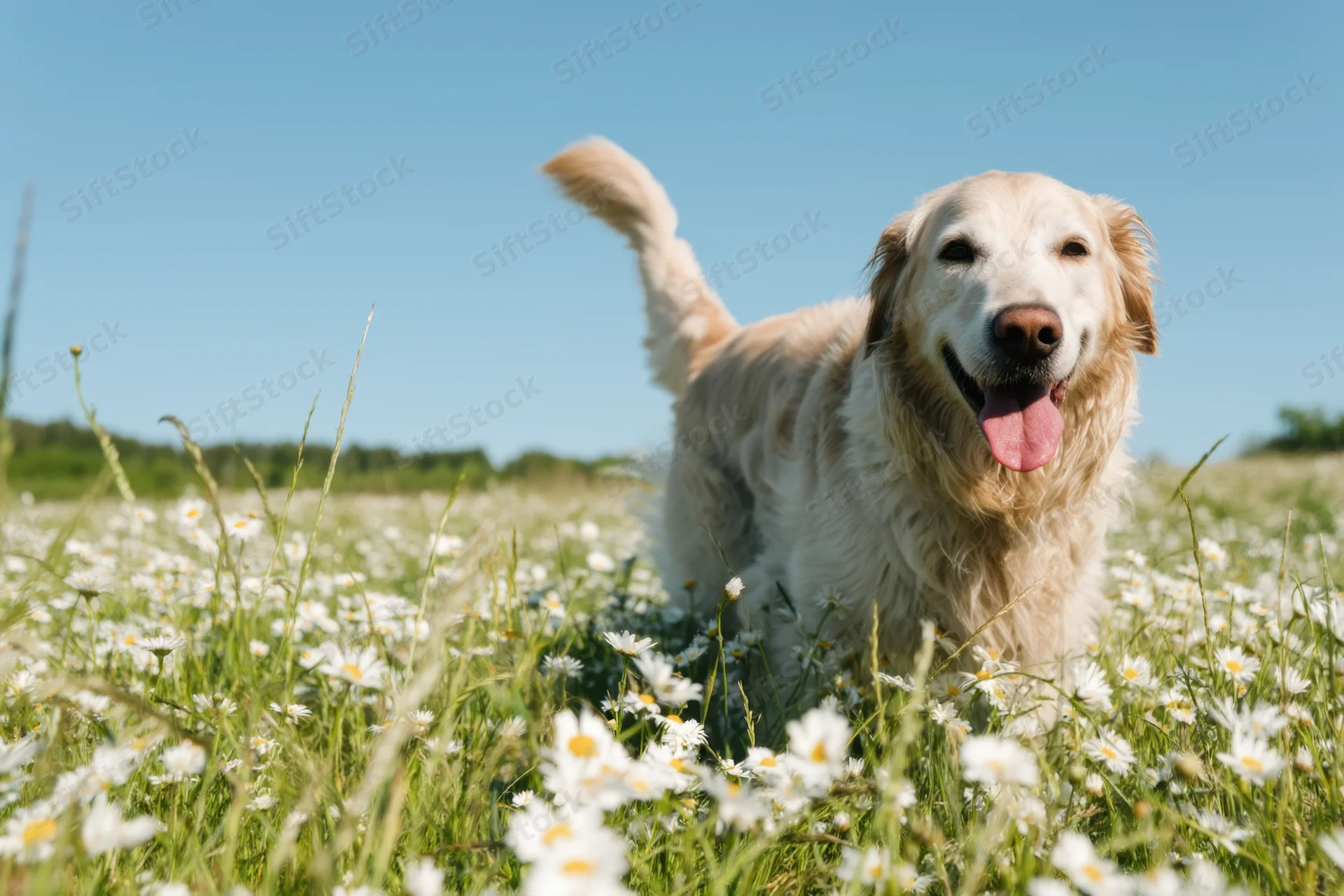 Golden retriever running joyfully through a sunlit meadow filled with white daisies