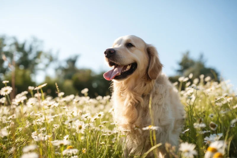 Golden retriever panting with tongue out in a sunlit meadow filled with white daisies