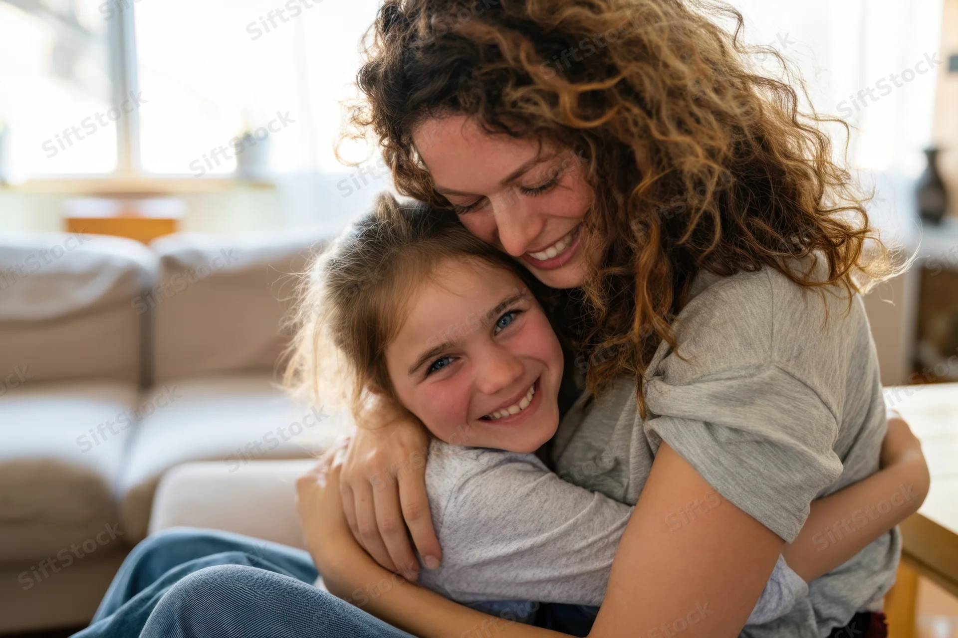 Woman hugging child on couch in living room