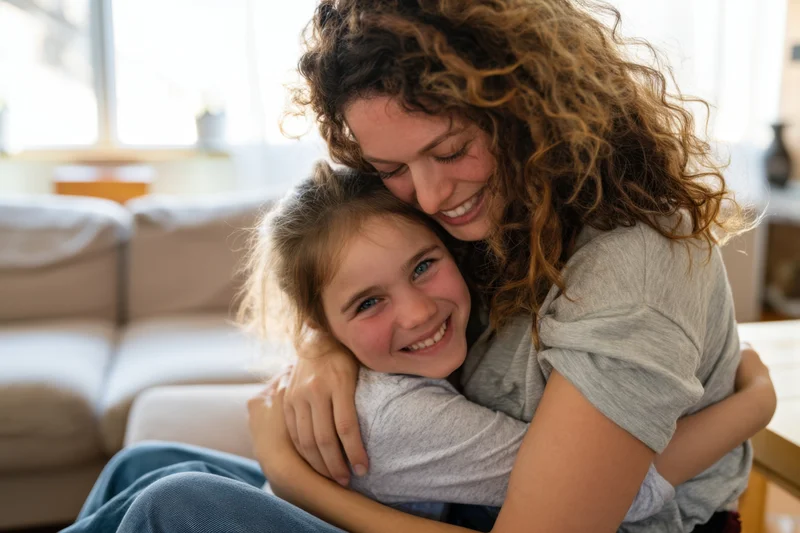 Woman hugging child on couch in living room