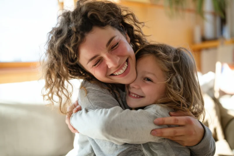 Woman hugging child in a warm embrace on a couch at home
