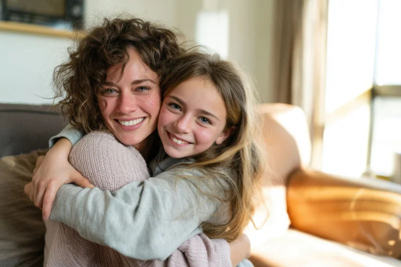 Woman hugging girl on couch in sunlit living room