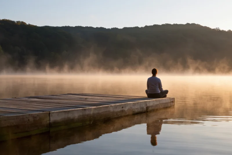 Person sitting cross-legged on a wooden dock by a misty lake at sunrise