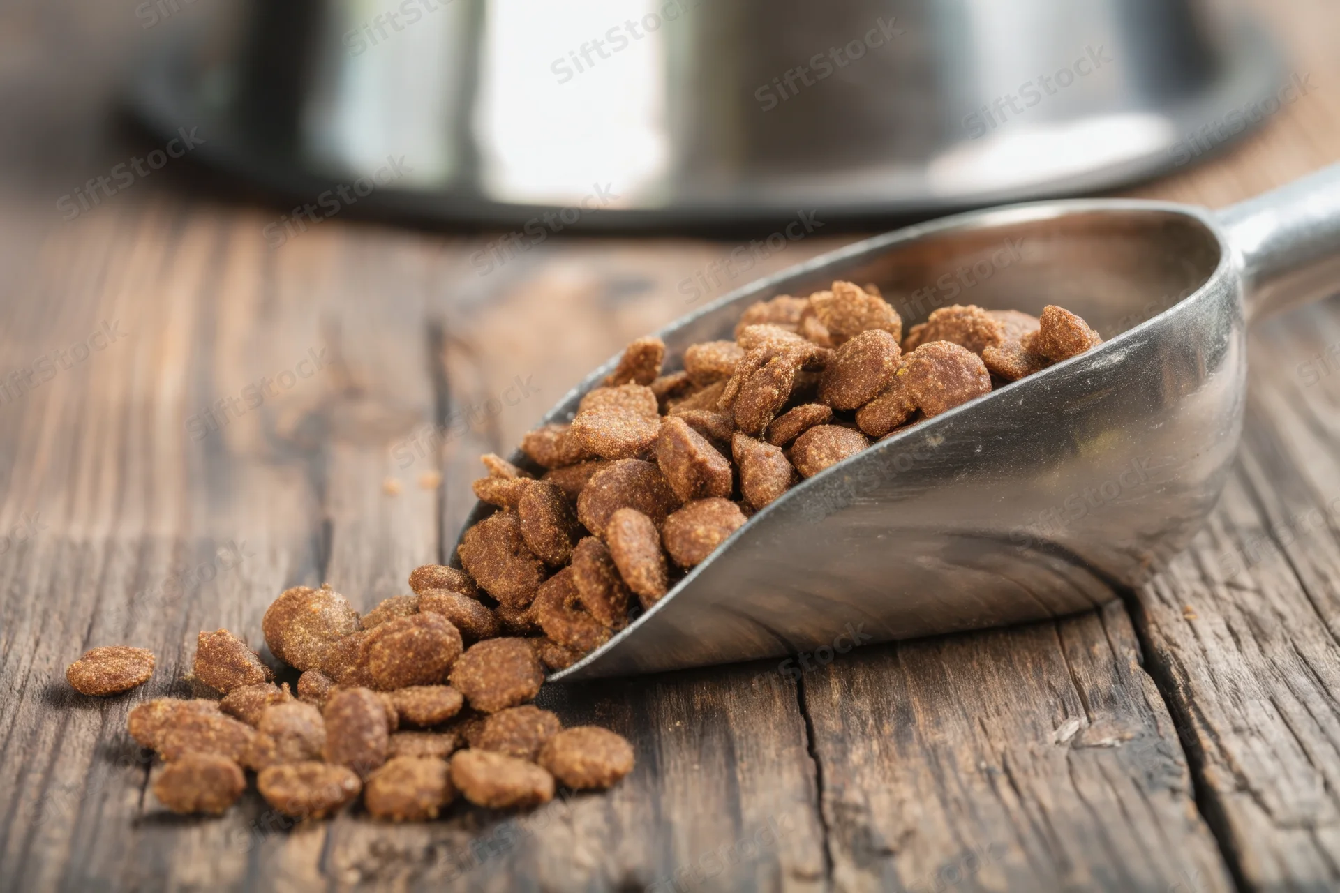 Metal scoop spilling dry dog kibble onto weathered wooden table