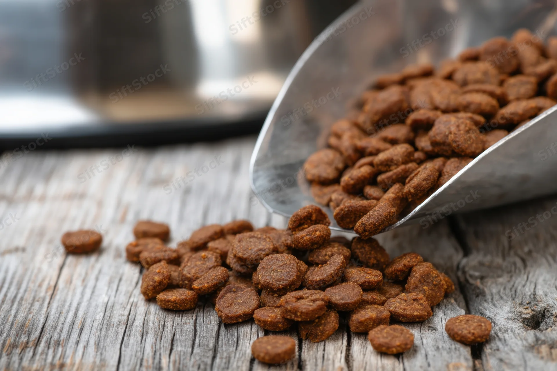 Metal scoop spilling dry dog kibble onto weathered wooden surface