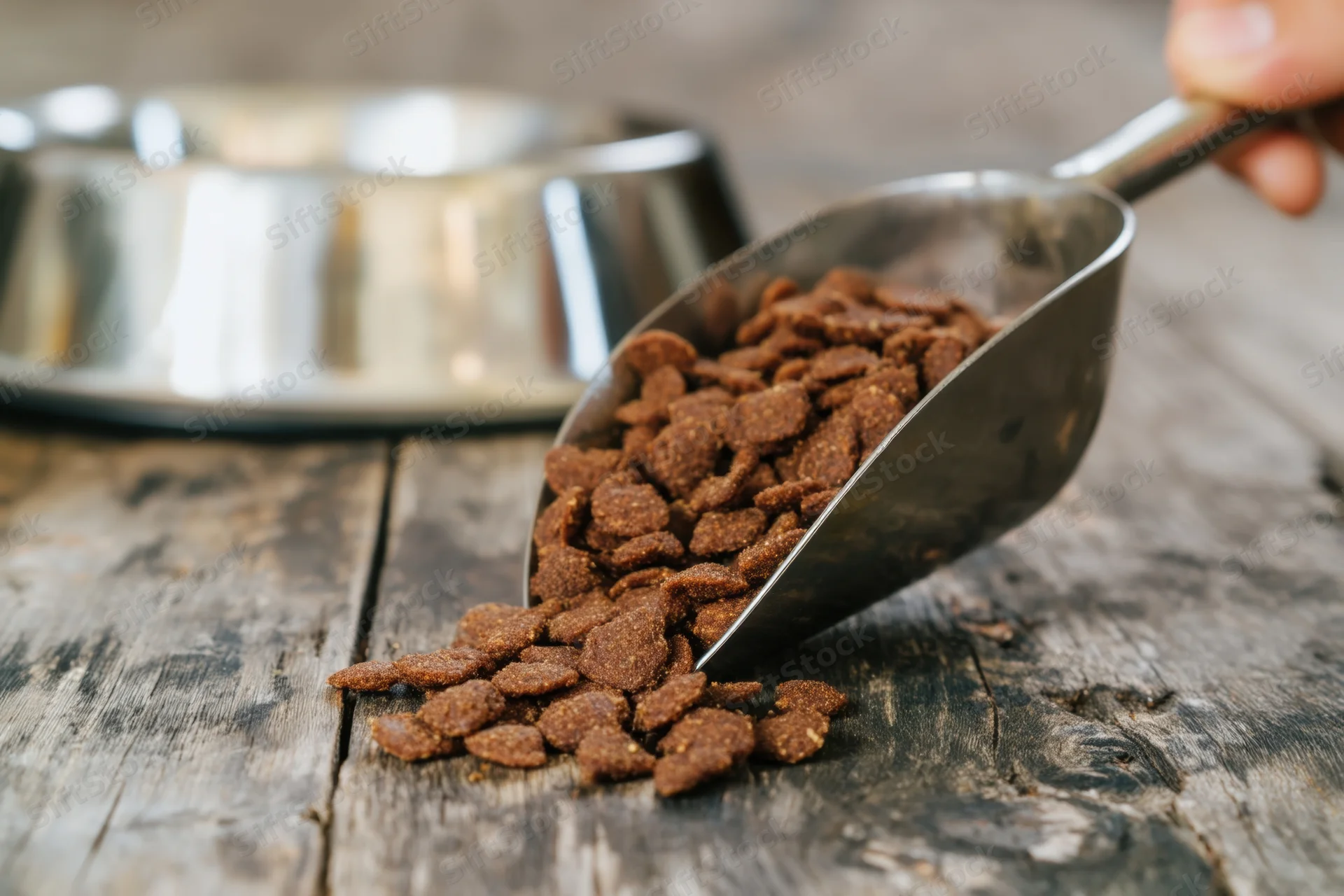 Metal scoop pouring dry dog kibble onto weathered wooden surface near stainless steel bowl