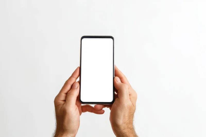 Hands holding smartphone with blank white screen against white background