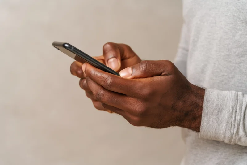 Man using smartphone with hands holding device while wearing gray longsleeve shirt