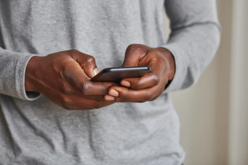 Man using smartphone with hands in gray longsleeve shirt indoors