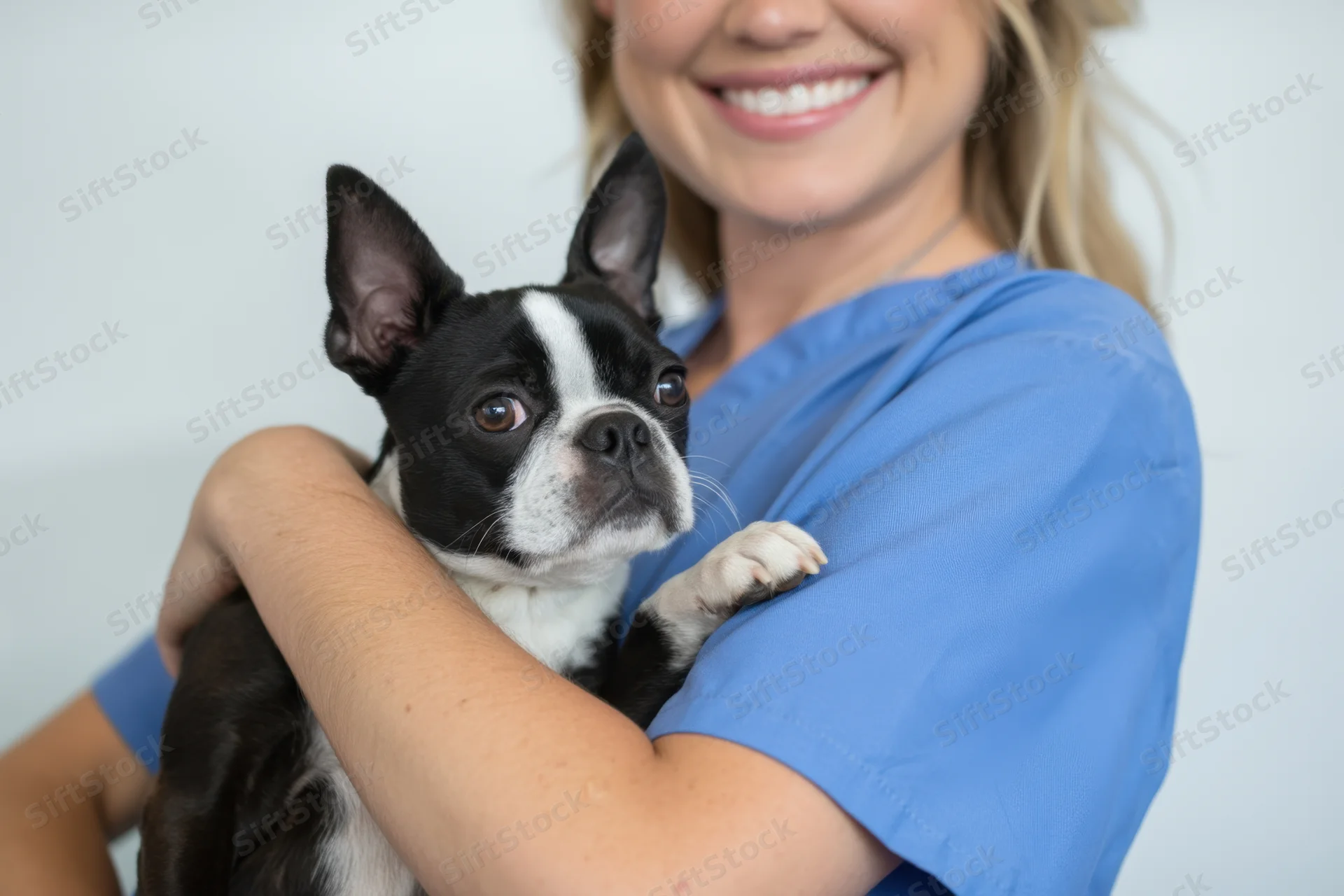 Woman in blue scrubs smiling while holding a boston terrier dog