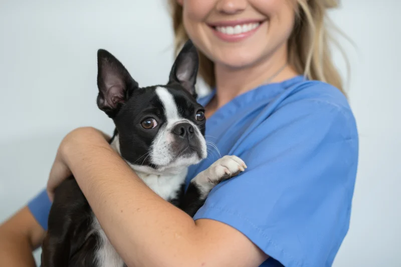 Woman in blue scrubs smiling while holding a boston terrier dog