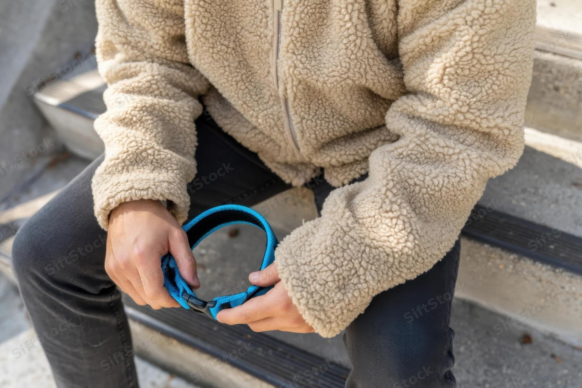 Person seated on concrete steps holding a blue dog collar in hands