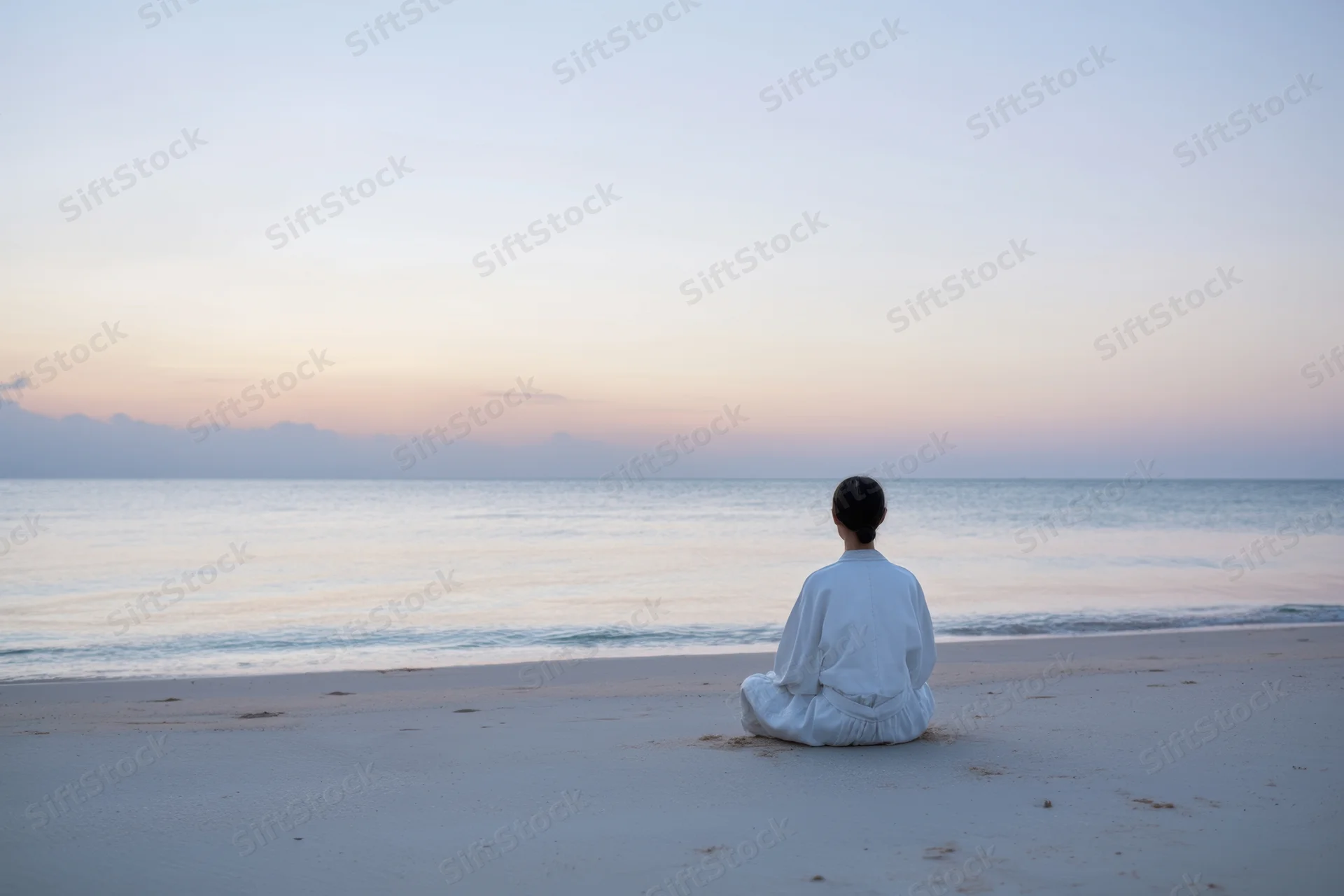 Woman sitting cross-legged on a quiet pale beach at sunset facing the ocean