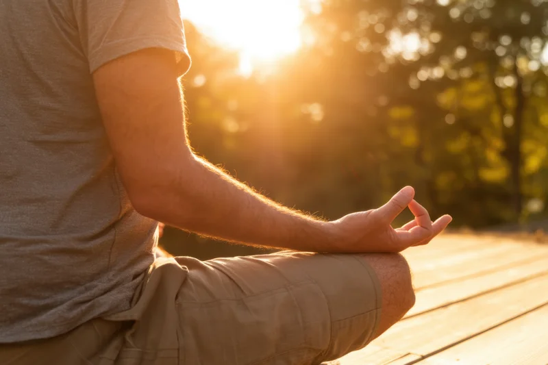 Man meditating cross-legged on wooden deck at sunset