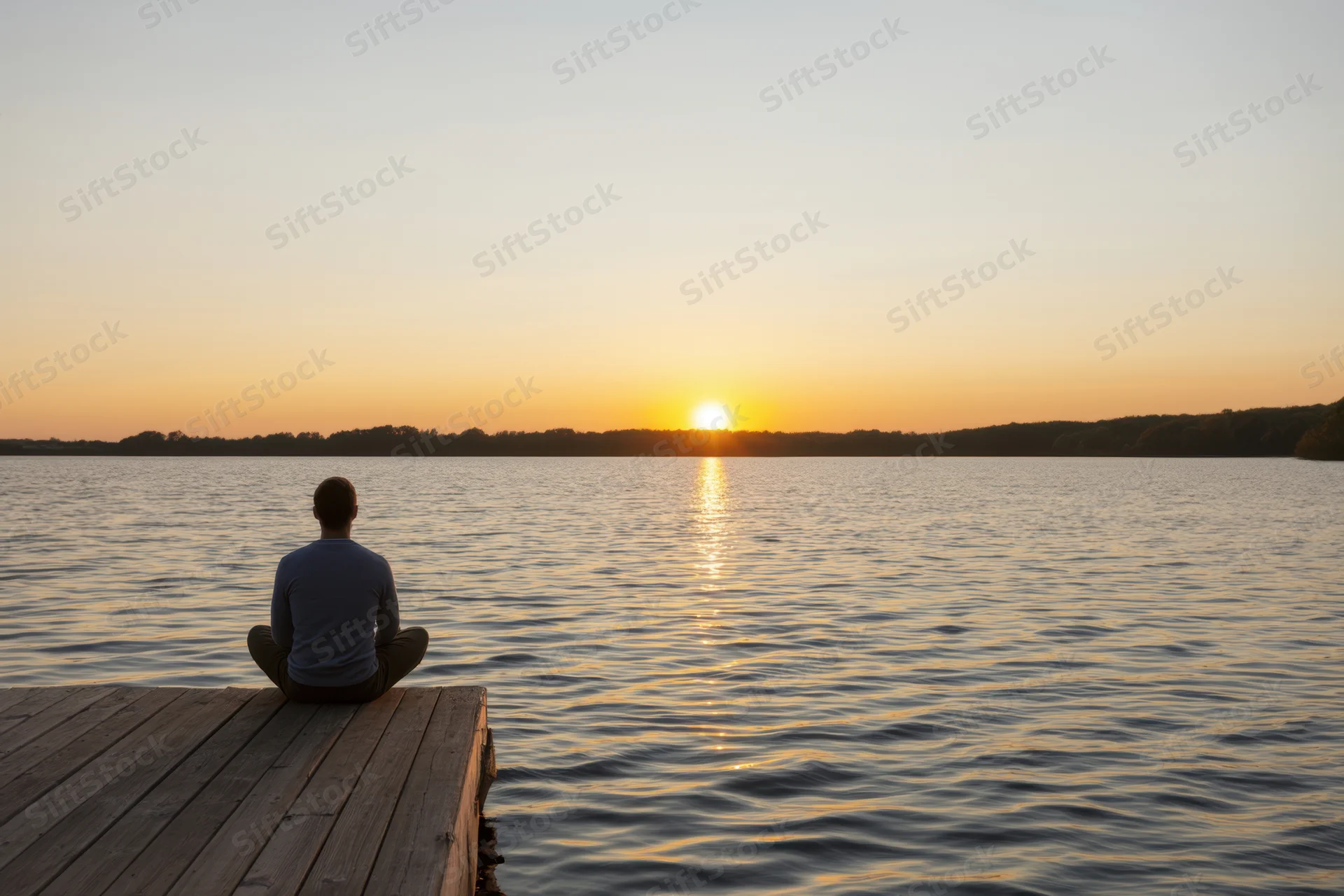 Man sitting cross-legged on wooden dock facing sunset over lake
