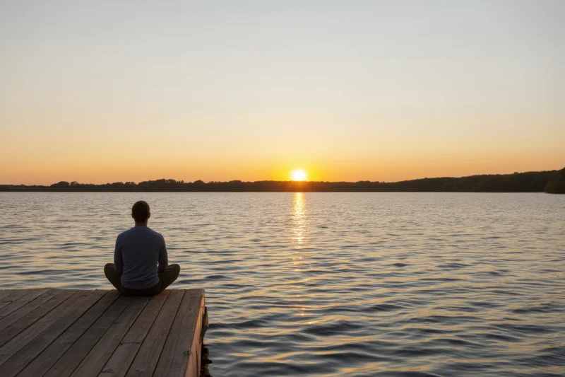 Man sitting cross-legged on wooden dock facing sunset over lake