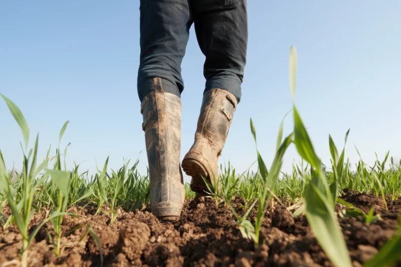 Farmer walking through young green crop in a field