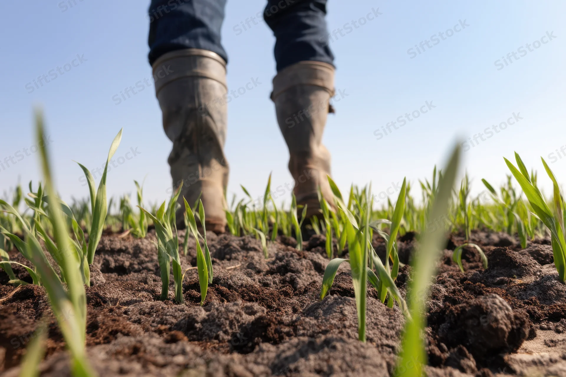 Farmer walking through a field of young green shoots in spring soil
