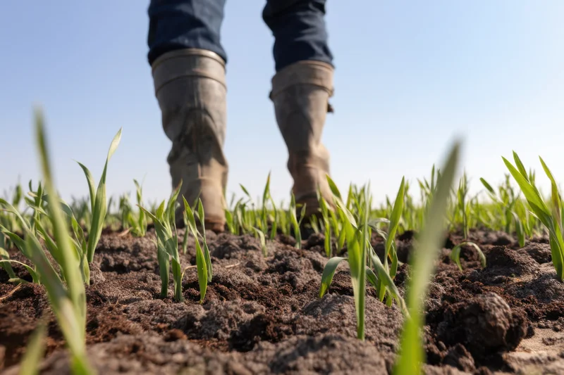 Farmer walking through a field of young green shoots in spring soil